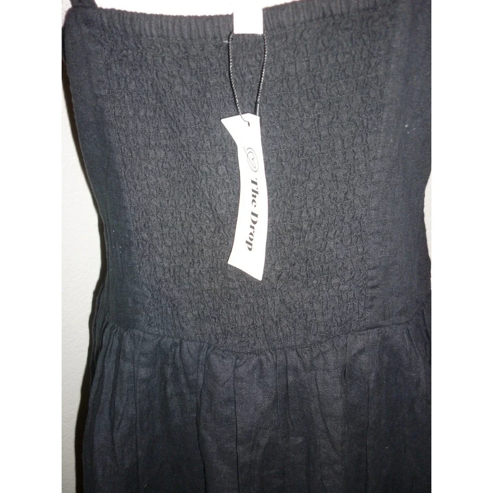 The Drop Black Linen Blend Smocked Back Midi Dress Sleeveless Square Neck Large - Picture 6 of 7